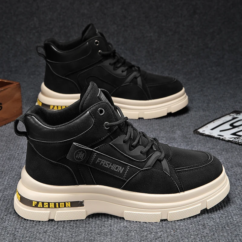 2025 Новые мужские большие желтые ботинки Прочная противоскользящая подошва Высокая верхняя массивная подошва Зимние британские рабочие ботинки на флисовой подкладке Мотоцикл