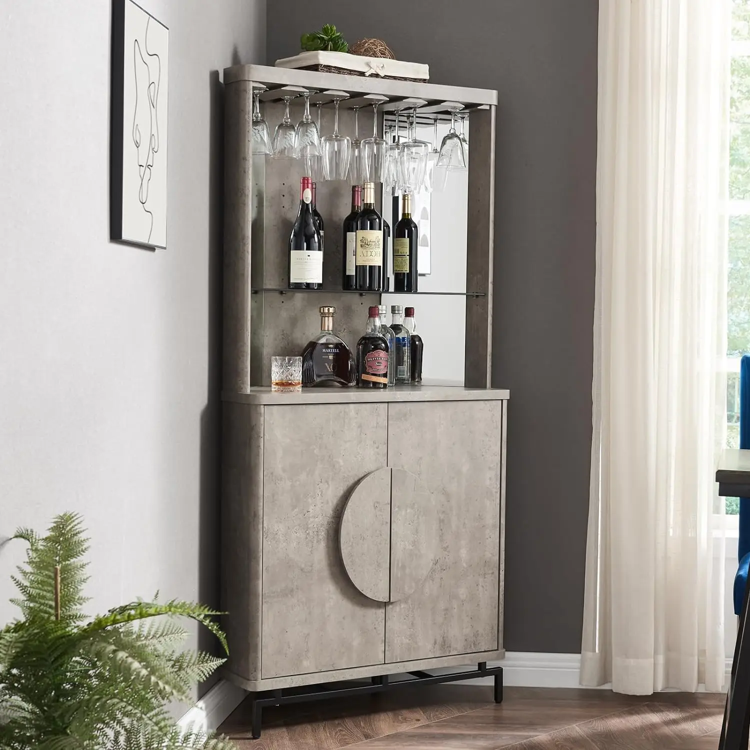 Wine Cabinet with Metal Base and Half Moon Handles Stylish and Functional Liquor Storage Solution