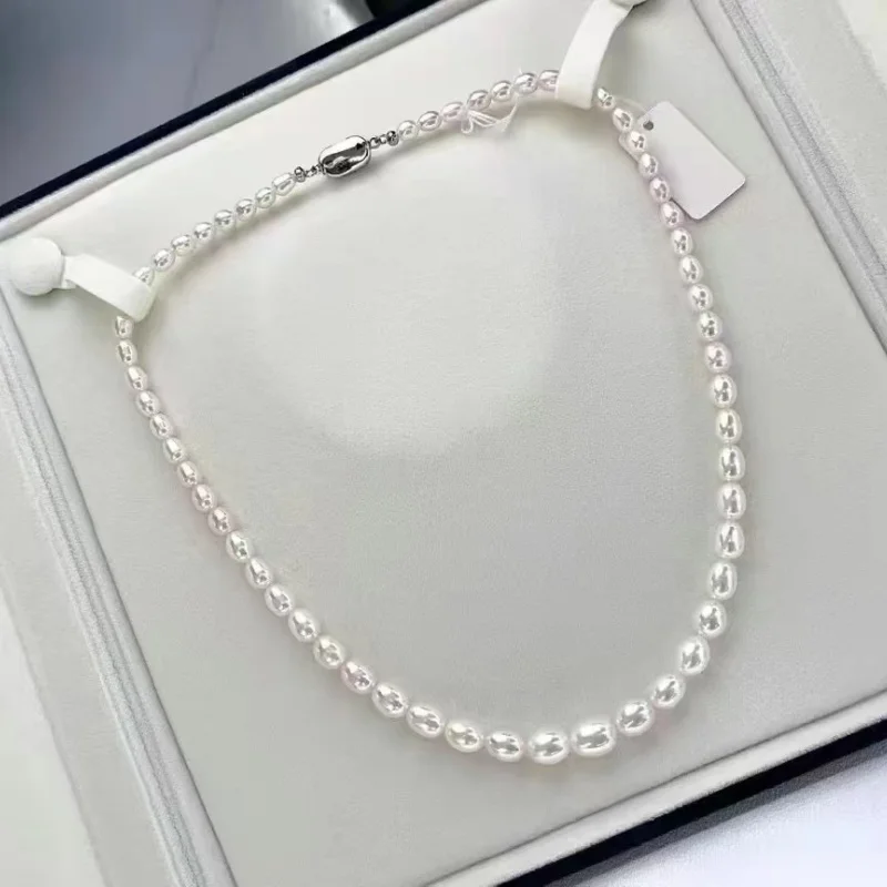 

SGARIT 4-8MM High Quality Graduated Rice Pearl Necklace 925 Sterling Silver Clasp Elegant Modern Jewelry for Women Luxury Gift