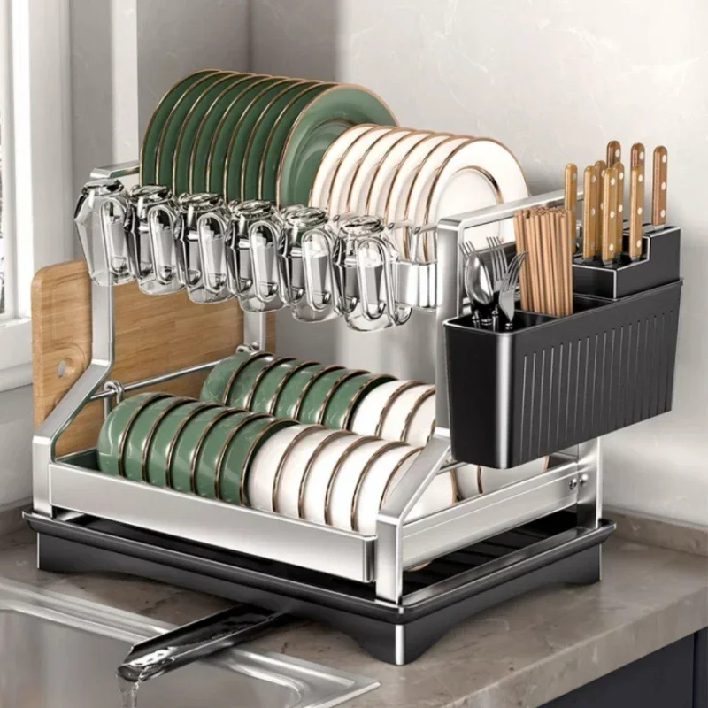 

Kitchen Organizer 2 Tier Dish Drying Rack Utensils Storage Rack Bowls Knife Fork Pot Holder Countertop Dinnerware Drainboard