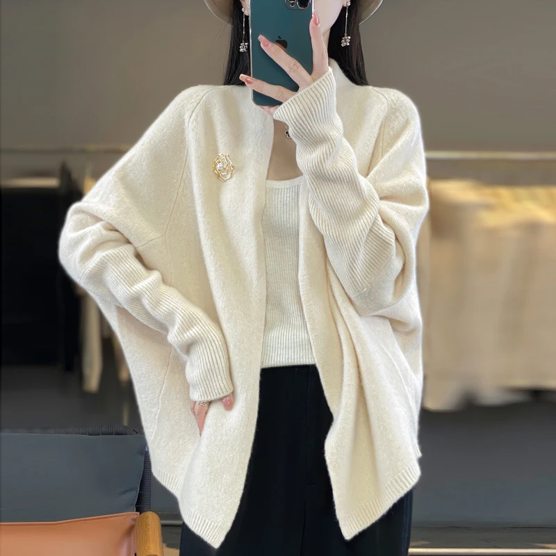 2024 Autumn/Winter New Loose Women's Clothing 100% Wool Knit Cardigan Warm Soft Long Sleeve Female Sweater Fashion Shawl Cloak