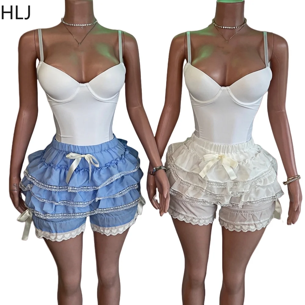 HLJ Fashion Sweet Ruffle Lace Patchwock Shorts 2 Piece Sets Outfits Women Thin Strap Bodysuits And Bow Shorts Y2K Clothing 2024