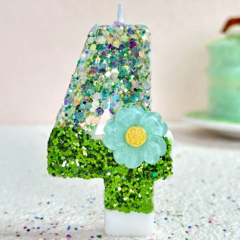 Glitter Blue Green Flower Candle Princess1 2 3  4 5 6 7 8 9Girl Happy Birthday Wedding Party Cake Topper Dessert Baking Supplies