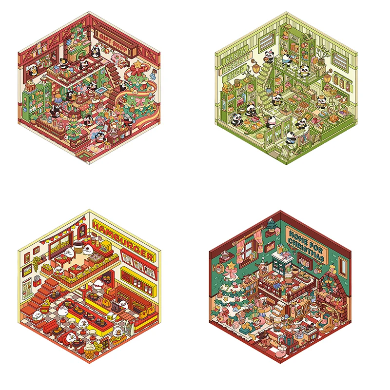 1/4Pcs 크리스마스 DIY 3D 조경 스티커 소형 장면 캐빈 스티커 장면 스태킹 붙여 넣기 귀여운 성인 어린이 선물