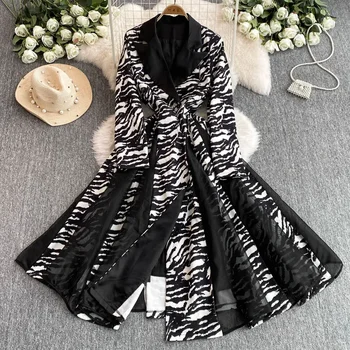 우아한 노치넥 캐주얼 긴팔 시크 얼룩말 줄무늬 접합 드레스, 빈티지 한국 이브닝 여성, 가을 겨울 의류