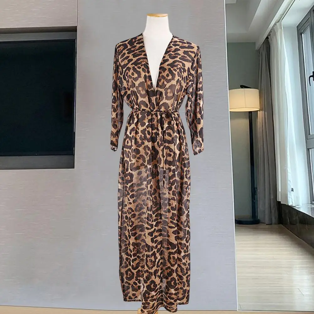 Quick-drying Chiffon Bikini Cover Up Leopard Print Chiffon Cardigan Stylish Long Sleeve Beach Cover Up with Lace-up Front