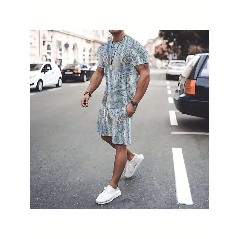 2025 Summer Fashion New Trend Retro Men's T-shirt 3D Digital Printing Creative Casual Round Neck Short Sleeved Shorts Set