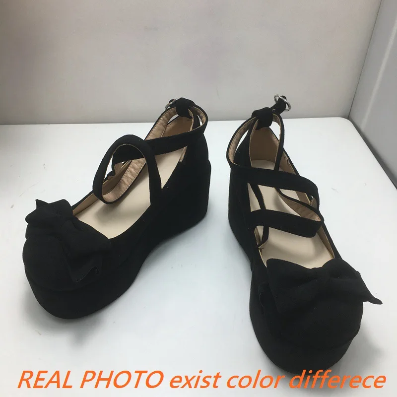 ORCHA LISA Lolita Girls Sweet Pumps Round Toe Wedges 8.5cm Platform Bowknot shoes Strap Plus Size 44 45 Bowknot Daily Shoes