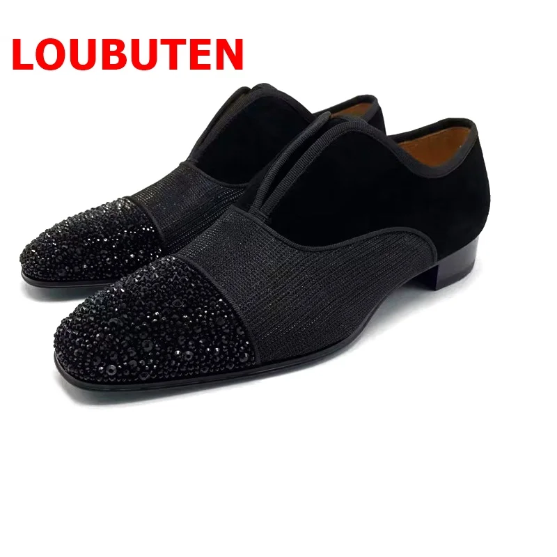 Luxury Designer Black Rhinestone Mens Dress Shoes High Quality Slip On Leather Shoes For Men Oxford Red Bottom Wedding Shoes