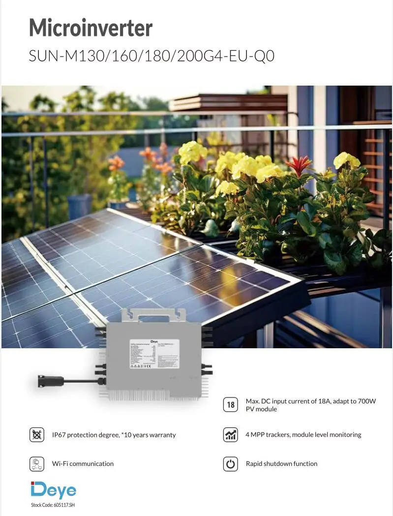 DEYE SUN-M130/160/180/200G4-EU-Q0 Single Phase 220V 4 MPPT Micro Inverter 1300W 1600W 1800W 2000W Grid Tie Balkonkraftwerk