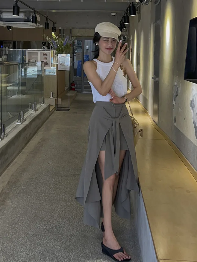 

High Waist Asymmetrical Skirt Women's Sweet And Spicy Sle Front ort Ba Long A-Line Skirt Design Summer Commute