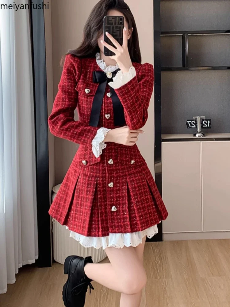 Ruby Love Tweed Mini Dress Red Elegant and Fashionable Round Neck Embroidered Mesh Cuffs Hem Heart-shaped Buttons Spring Autumn