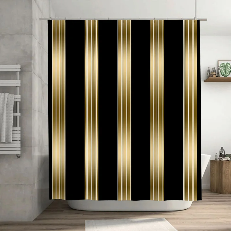 Modern Black Gold Stripe Shower Curtain - Creative Linear Geometry Design - Indoor Home Bathroom Decor Artistic Bath Curtain