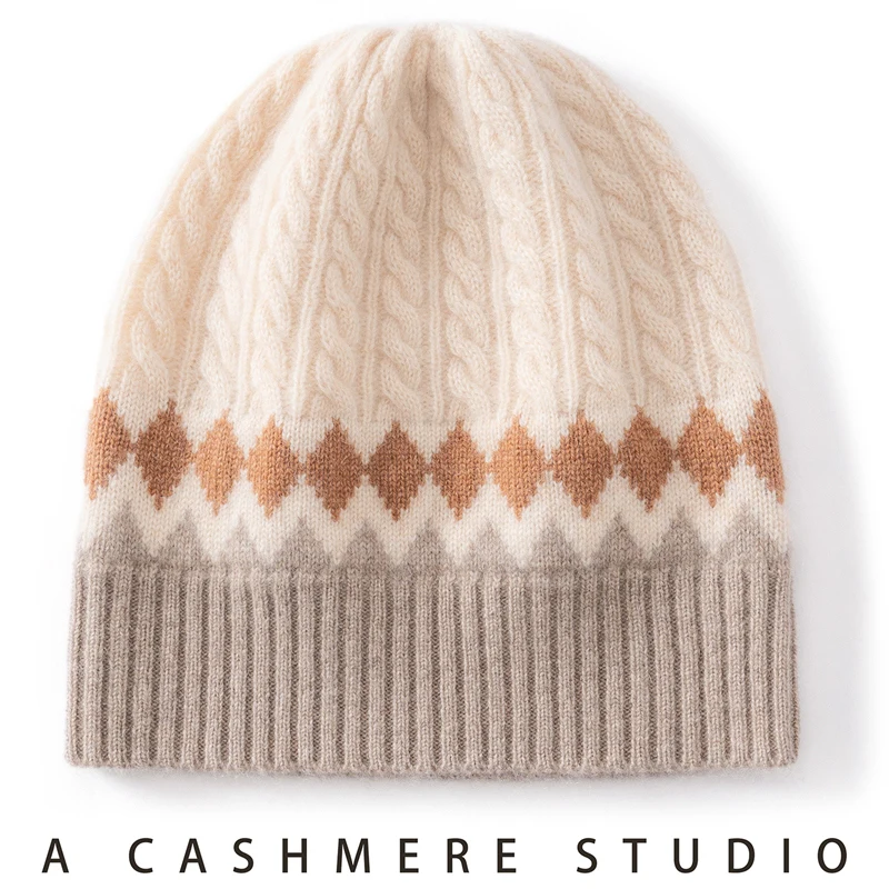 2025 Winter New Women's 100% Cashmere Knitted beanie Jacquard Ribbed Outdoor Thickened Warm Windproof Hat 2 Color