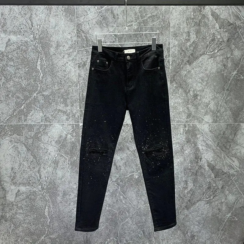 New Gypsy Hot Diamond Fake Ripped Black Elastic Jeans Men's Spring and Summer Luxury Fashion Hip-hop Casual Small Foot Pants
