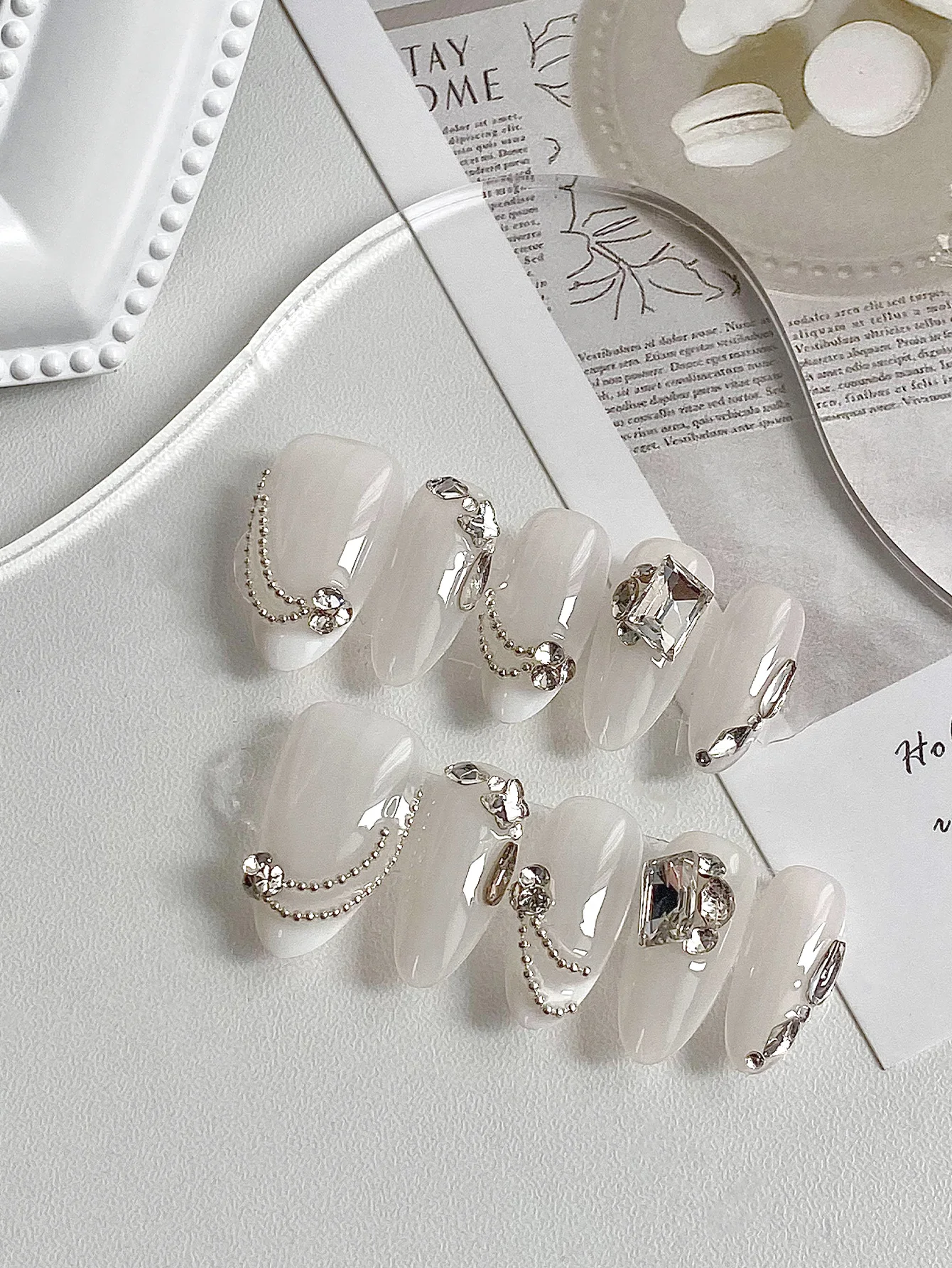 Elegant Milky White Press On Nails, Handcrafted Almond Fake Nails, Large Rhinestone, Silver Bead Chain, Sparkly Crystal Accents