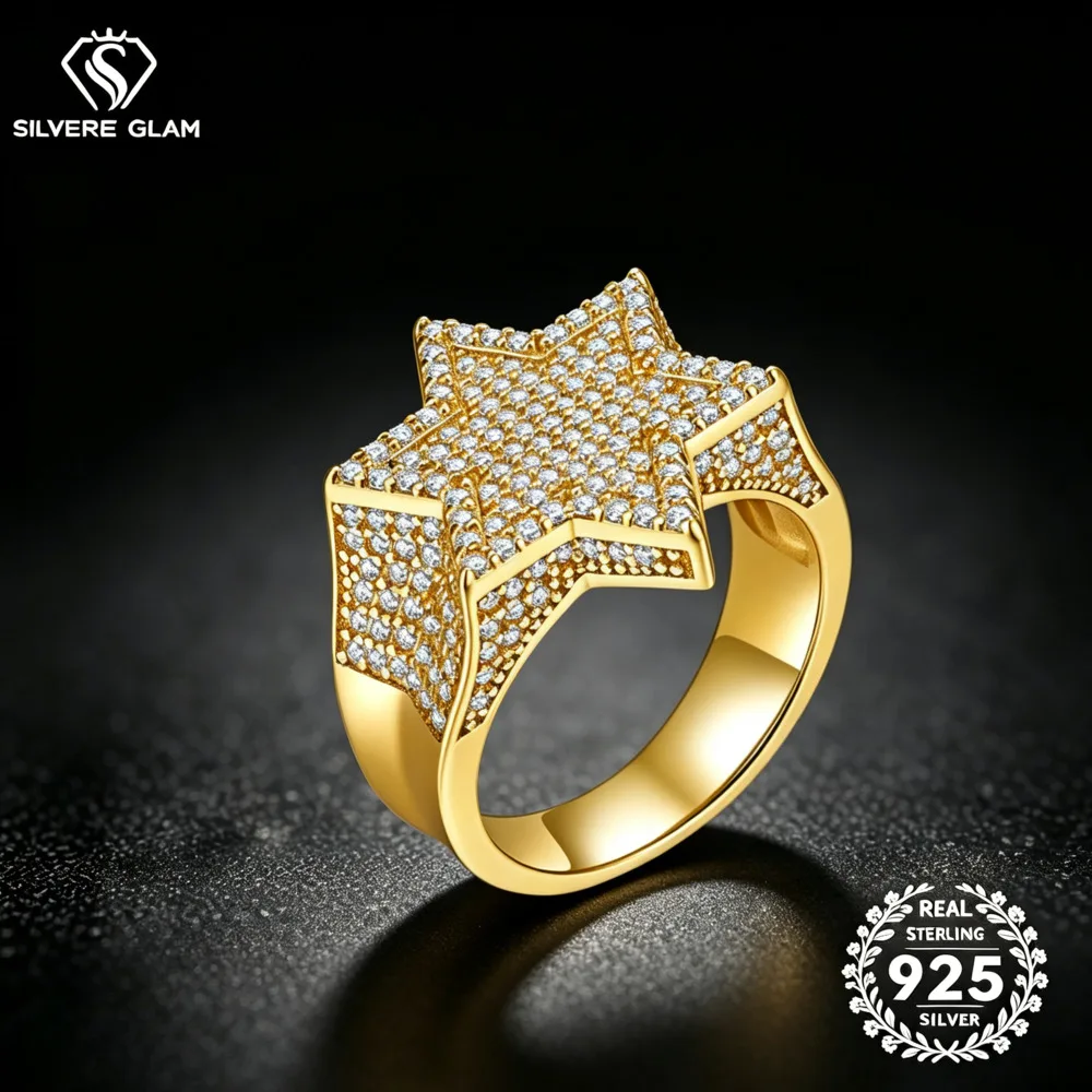 S925 Sterling Silver Star Shape D VVS1 Moissanite Pave Setting Ring Fine Jewelry Men Hip Hop Bling Statement Party Ring