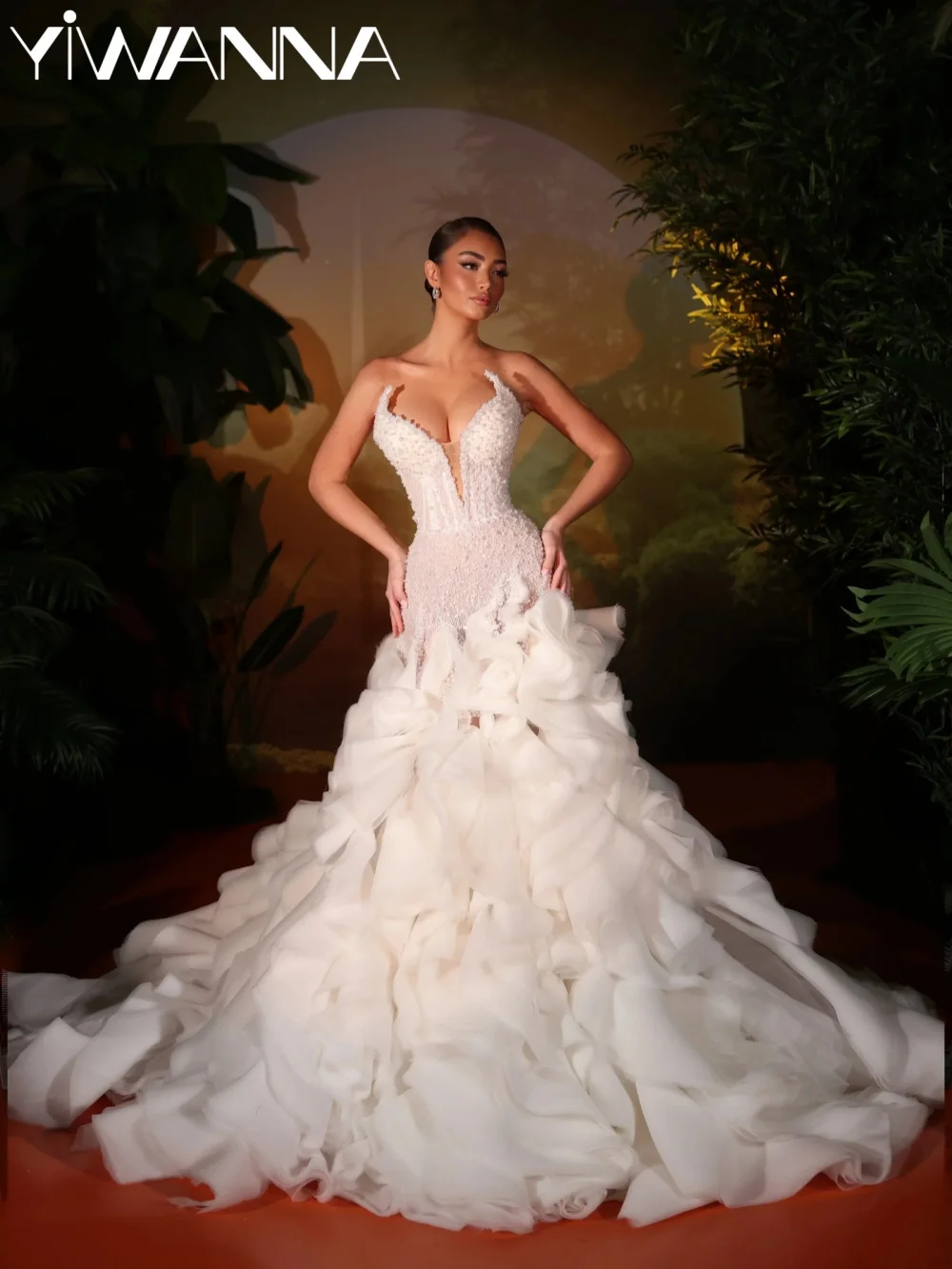 

Ruffled Organza Luxury Pearls Wedding Dress Captivating Deep V-neck Mermaid Bridal Gown Customzied Long White Dresses For Bride