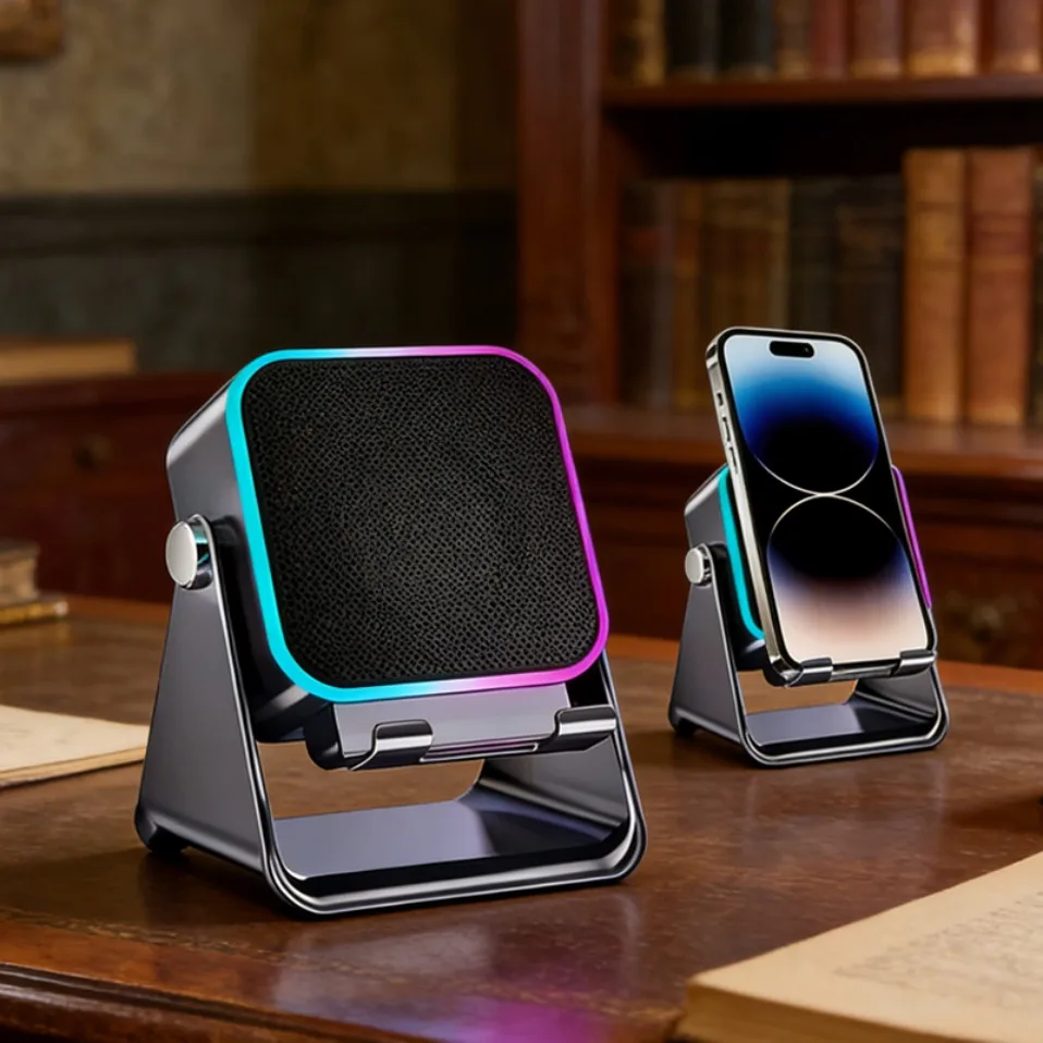 Soporte portátil para teléfono con Bluetooth 5 en 1, altavoz inalámbrico de inducción automática, soporte para teléfono con luz RGB de 8 modos, sonido envolvente