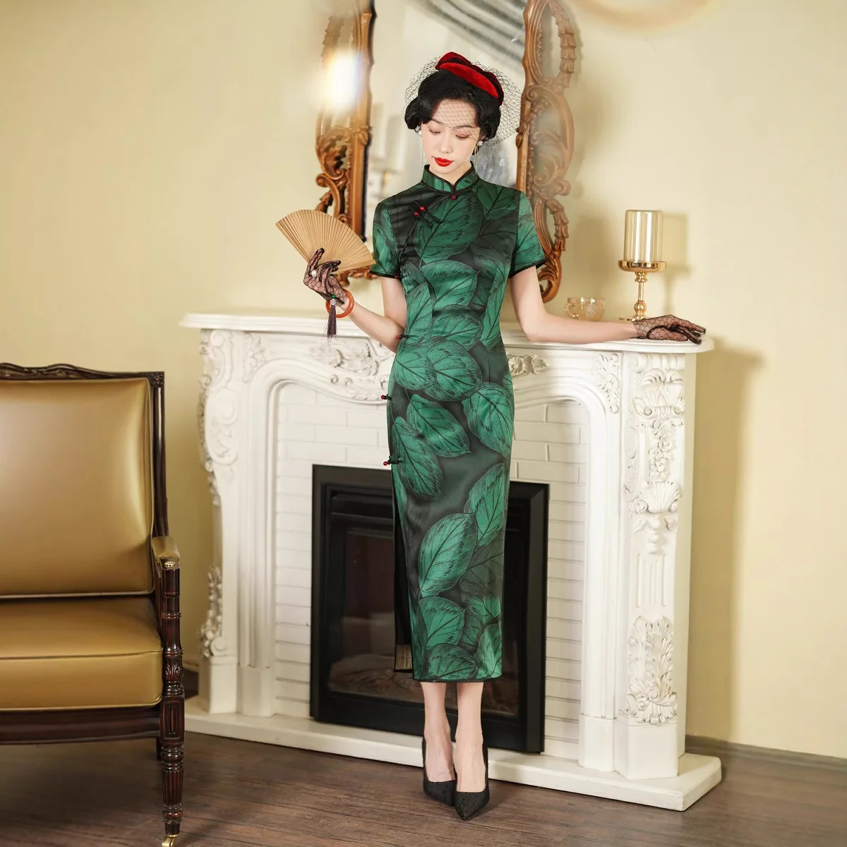 

Female Chinese Improved Floral Traditional Vintage Modern Cheongsam Qipao Silk Green Retro National High-End Dress