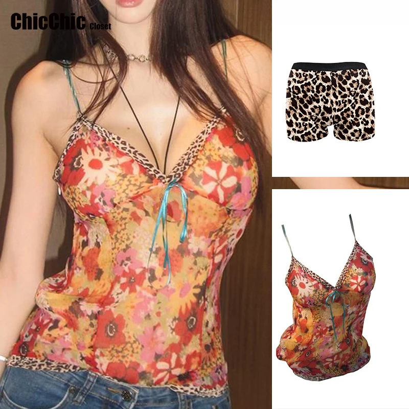 セクシーな深いVネックビーチタンクトップショーツ女性用y2kコケット2026レオパード柄ノースリーブベストバケーションバックレスビーチ女性用 ﻿ キャミソール