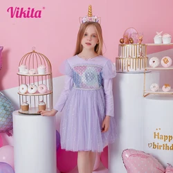 VIKITA Girl Purple Dress Kids manica lunga O collo autunno primavera inverno festa di compleanno Performance Prom Gown Princess Cute Dresses