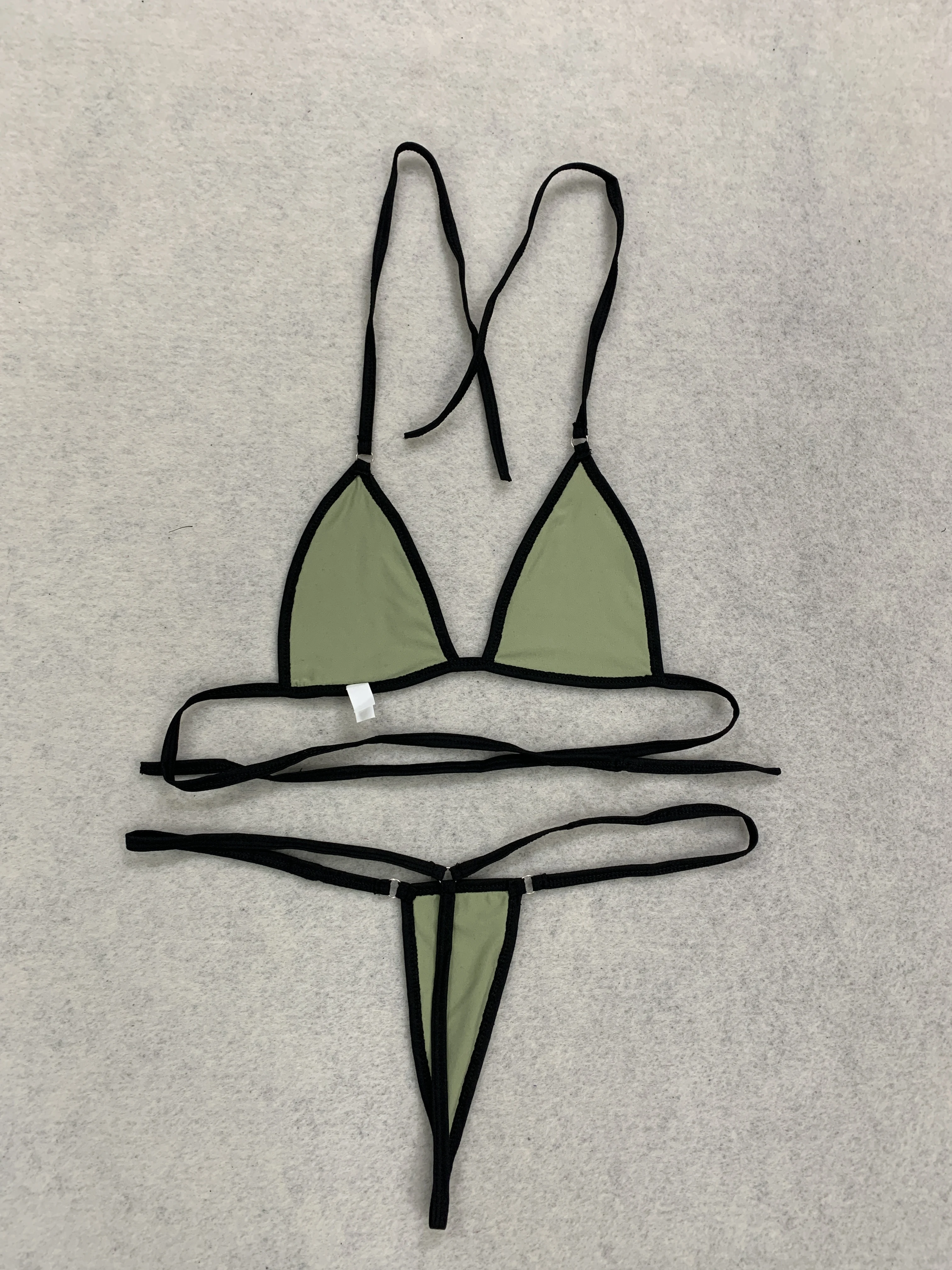 Sage Green Black Trim Halter Triangle Bikini Set Minimal Contrast Binding Sexy Beach Swimsuit