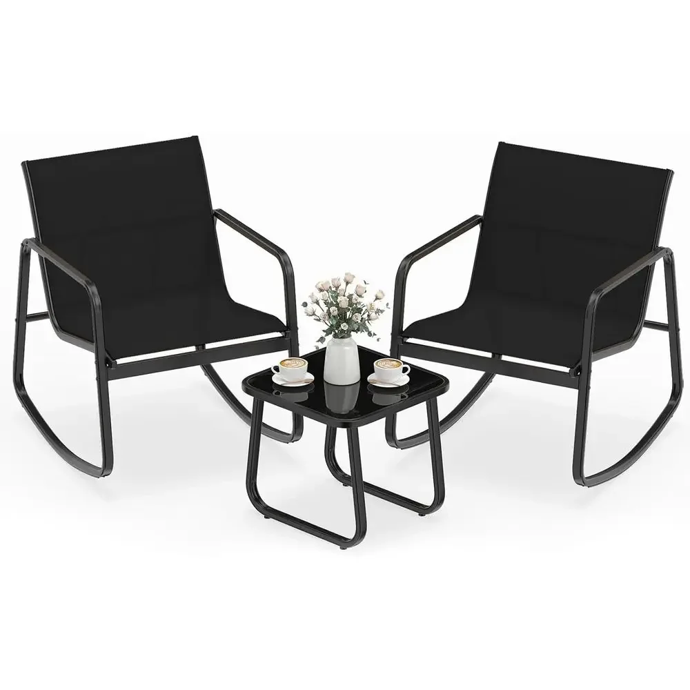

3-Piece Outdoor Rocking Bistro Set: Glass Table & Chairs for Patio, Porch, or Balcony