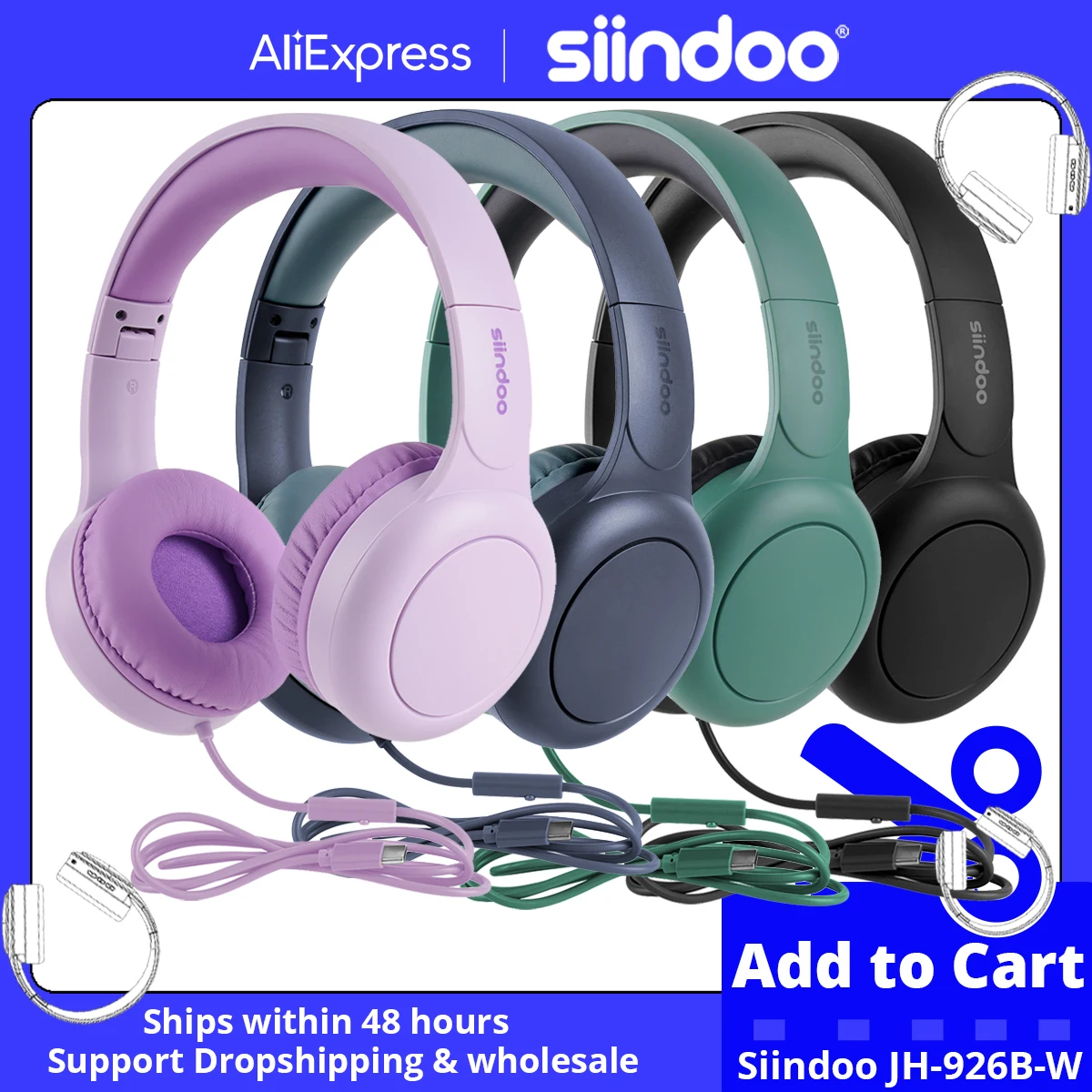 Siindoo 926B-W On-Ear Headphones with Microphone with 1.45m-Tangle-Free Nylon Line Type C Plug Foldable Portable Wired Headphone