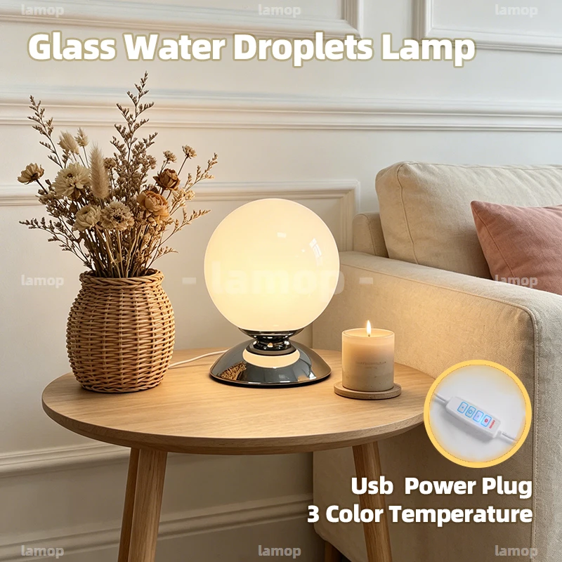 Glass Moist‑Dew Sphere Shade Table Lamp Simple‑Romantic 3 Tone Faint Glow Easter Study Vanity Shelf Decor