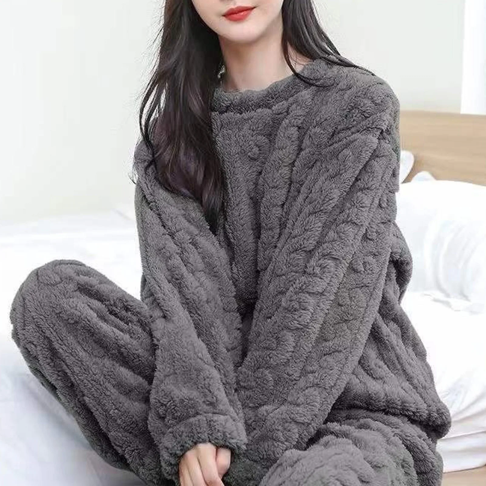 Winter Flannel Thicken Warm Pajamas Womens Solid Fuzzy Jacquard Oversized Pullover Pant Thermal Homewear Sleepwear Loungewear