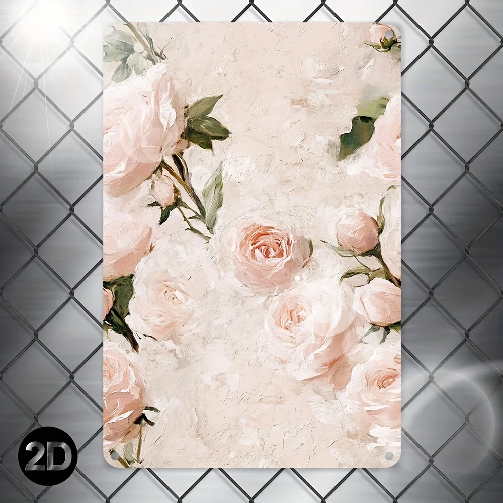 （2D Tin painting）Vintage Pink Rose Metal Sign Iron 8x12 Inch Retro Wall Decor Plaque Tin Plate For Living Room Bedroom