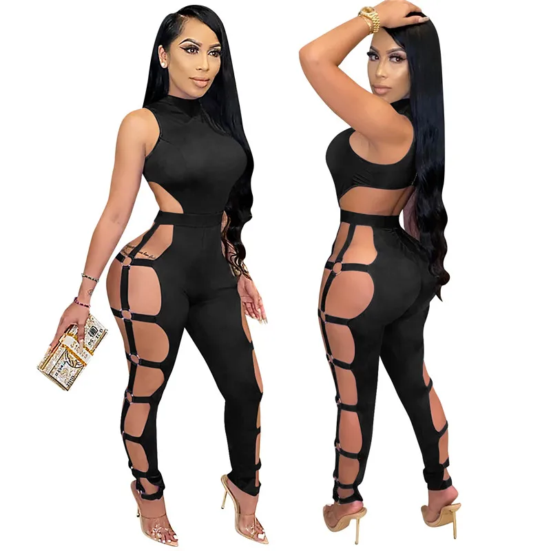 

Sexy One Piece Women Jumpsuits Sleeveless Hollow Out Skinny Summer Rompers Fashion Nightclub Party Wear Solid Clothes