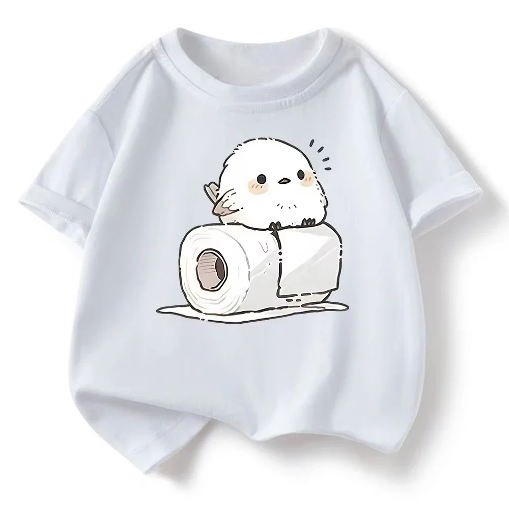 Cute Blush White Bird Sitting On Toilet Paper Roll Cartoon Graphic Kid Short Sleeve T Shirt Fun Unique Boy Girl Casual Black Tee