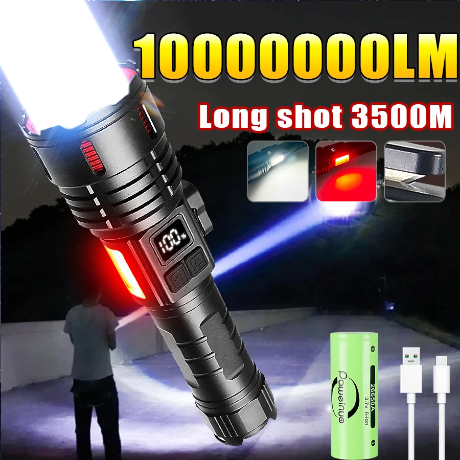 

Super Bright Flashlight 10000000LM Torch High Power LED Flashlights Zoomable Lantern Rechargeable Lamp Magnet Tactical Lantern