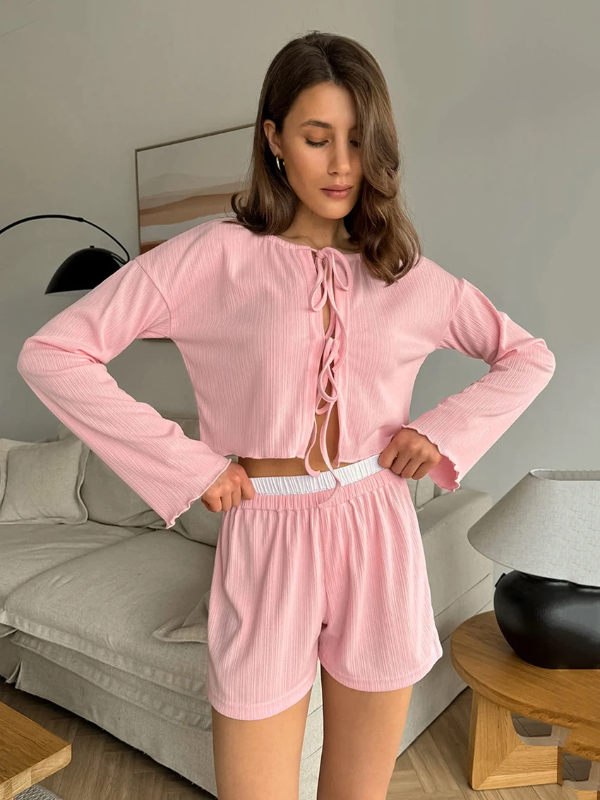 Marthaqiqi Casual Ladies Pajamas Suit O-Neck Nightie Long Sleeve Sleepwear Lace Up Sexy Crop Top Nightwear Shorts Nightgowns Set