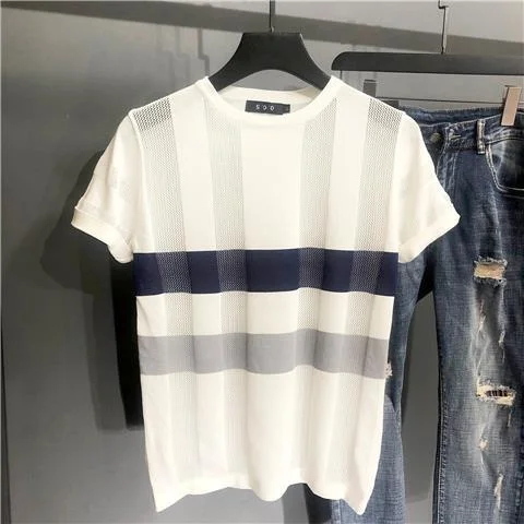 Men's striped knitted T-shirt summer thin cut hollow breathable Korean half sleeved ice silk medium sleeved short sleeved