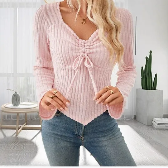 Ruched V Neck Top Slim Fit Graceful Elegance with No Pattern Daily Commuter Chic Regular Length Spring T Shirts for Women
