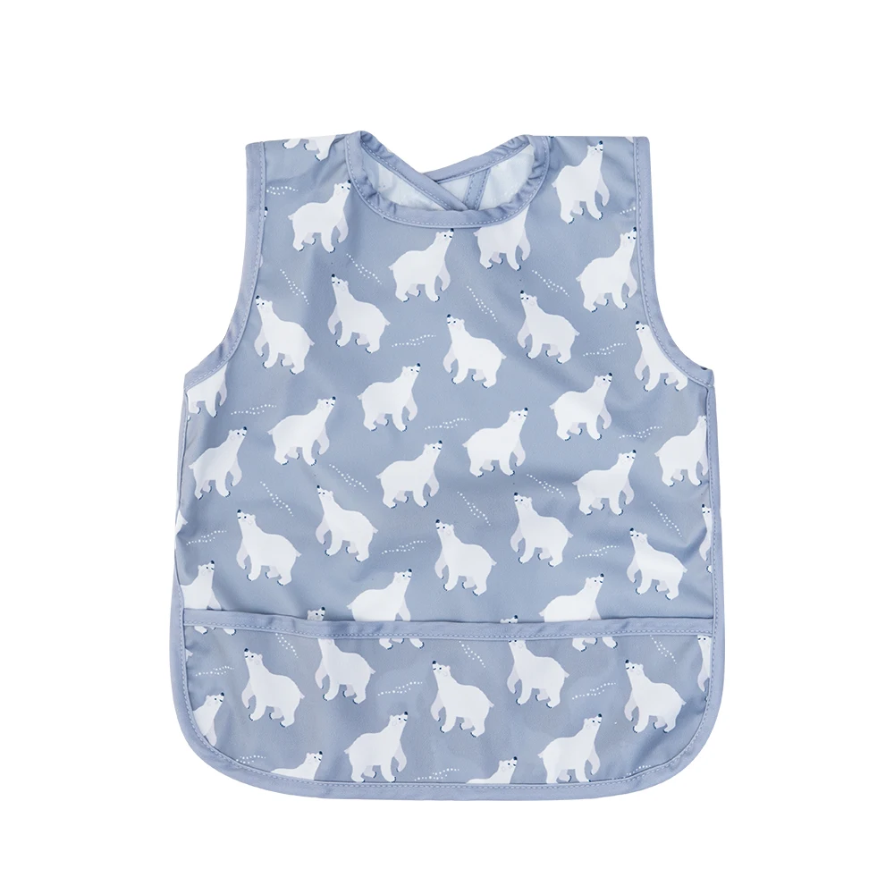 

HappyFlute One Size Cute Polar Bear Print Big Pocket Waterproof Fabric Sleeveless Hook&Loop Design Reusable Baby Feeding Bibs