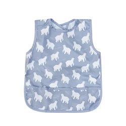 HappyFlute One Size Cute Polar Bear Print Big Pocket Waterproof Fabric Sleeveless Hook&Loop Design Reusable Baby Feeding Bibs