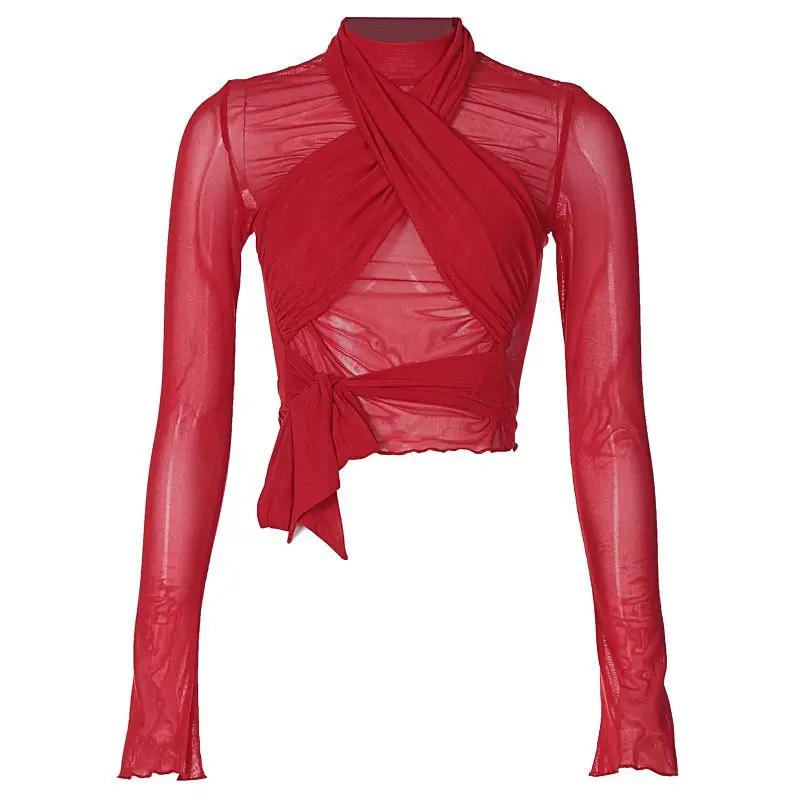 Long Sleeves Mesh Patchwork See Through Bow Lace Up Half Turtleneck Flare Sleeves T-Shirts 2024 Summer Women'S Clothing Sexy