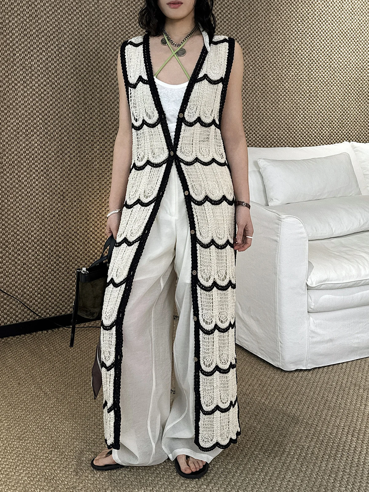 

Sleeveless Crochet Long Cardigan Bohemia Cotton Contrast Lace Sweater
