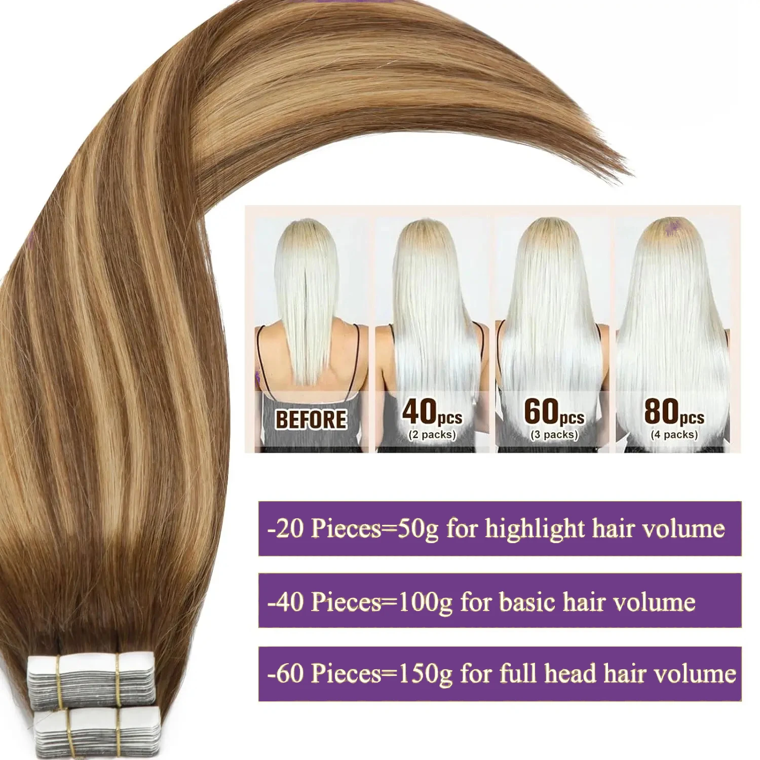 Tape in Hair Extensions Human Hair #4/27 Chestnut Brown Mixed Dark Brown Hair Invisible Silky Straight Double Sided Tape In