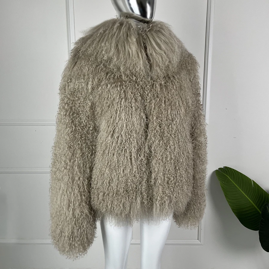 Abrigos de piel mongol auténtica para mujer, Chaqueta corta de piel de cordero tibetana con cuello redondo, prendas de vestir de piel de oveja para invierno