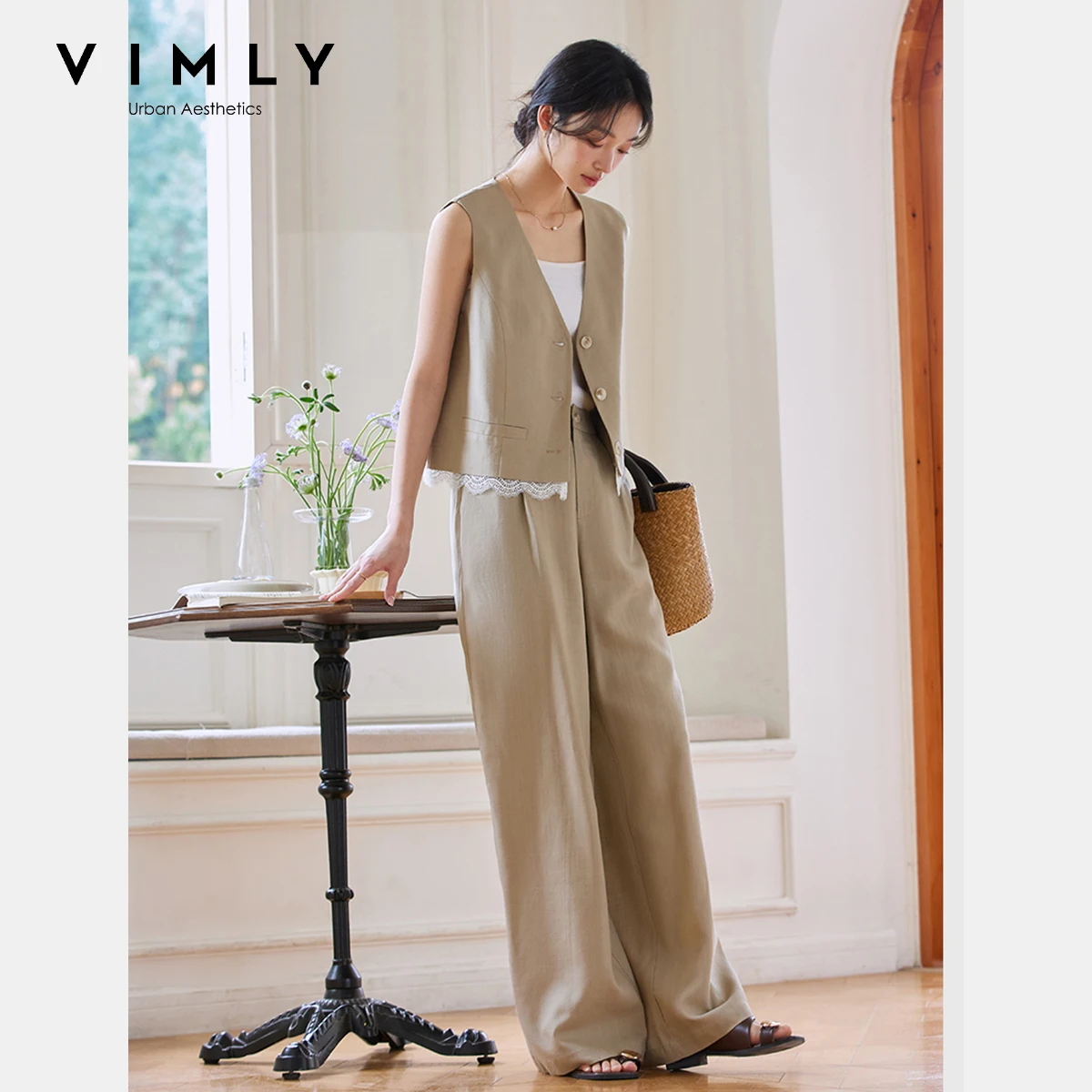 

VIMLY Summwe Women's Pants Suit Vintage 2025 Lace Splicing V-neck Vest Wide Leg Pants Old Money Wind Woman Two-piece Set A1110