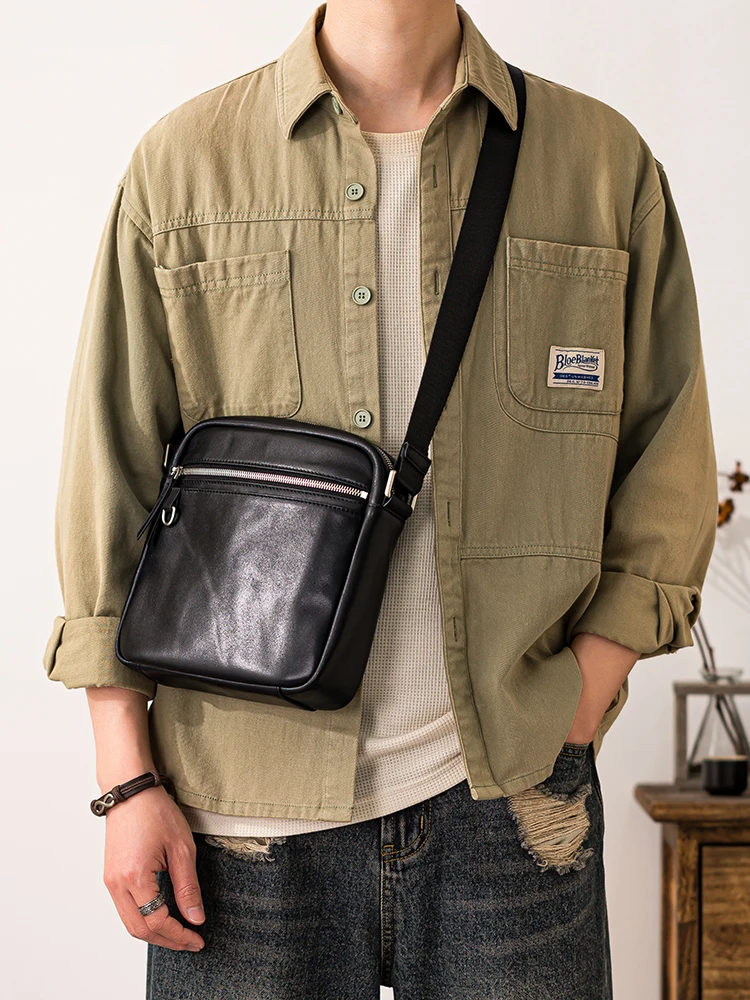 PNDME Casual High-Quality Genuine Leather Men's Black Small Shoulder Bag Weekend Daily Light Real Cow Leather Crossbody Bag