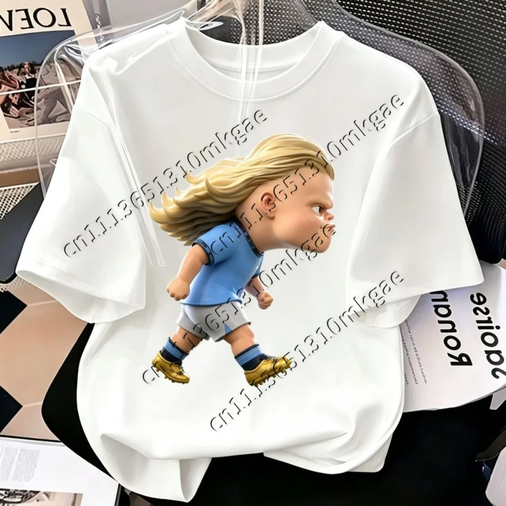 Men Women Casual Short Sleeve T-shirt Cute Q Version Haaland Cartoon Football Star LooseTops Sports Fans Kids Daily Wear Shirts