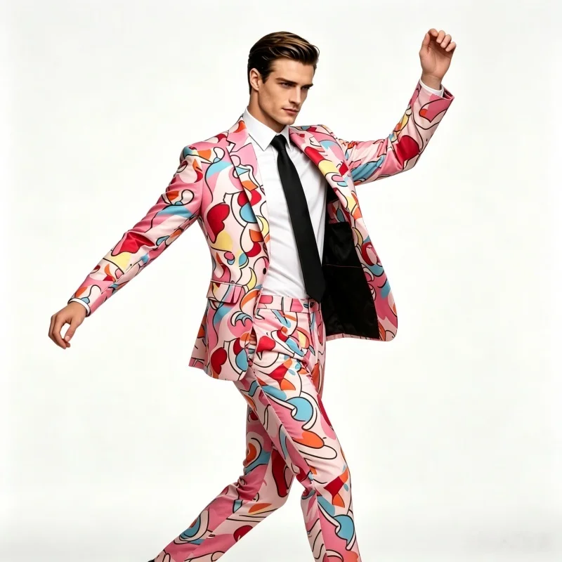 Men's Slim 3D Digital Print Suit Two-Piece Cosplay Party Festival Performance Nightclub Stage Fashionable Personality Clothing