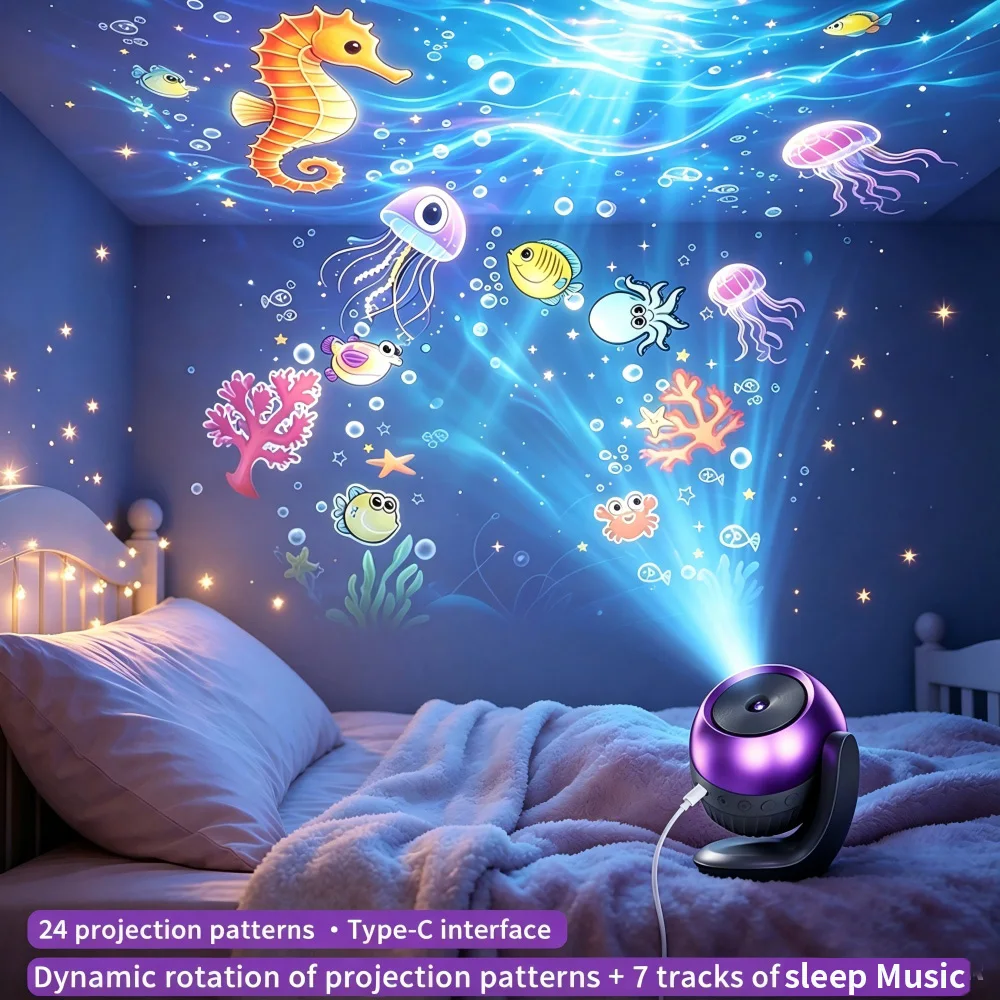 24‑in‑1 Galaxy Ocean Star Projector Night Light 360° Rotatable Projection Lamp Timer with Sleep Music Bedroom Decoration Lamp