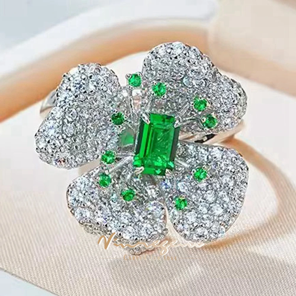 

Vinregem 4*6 MM 0.8CT Lab Created Emerald High Carbon Diamond Gemstone Flwoer Women Ring 100% 925 Sterling Silver Fine Jewelry